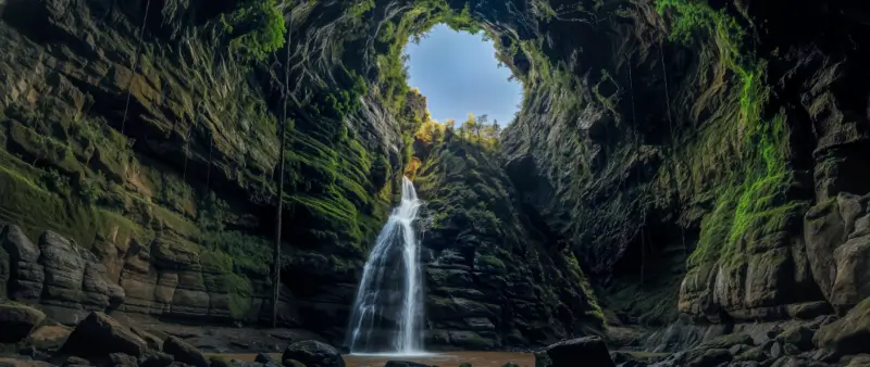Vista interna do Buraco do Padre em Ponta Grossa, mostrando a cachoeira de 30 metros caindo através de uma abertura no teto da caverna.