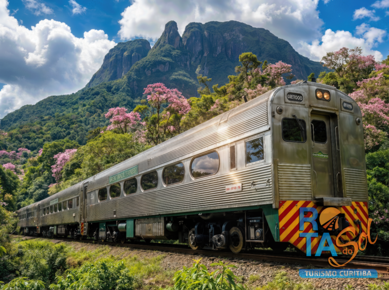 Trem de luxo Great Brazil Express percorrendo a ferrovia na Serra do Mar paranaense, cercado por montanhas verdes e ipês rosas floridos.