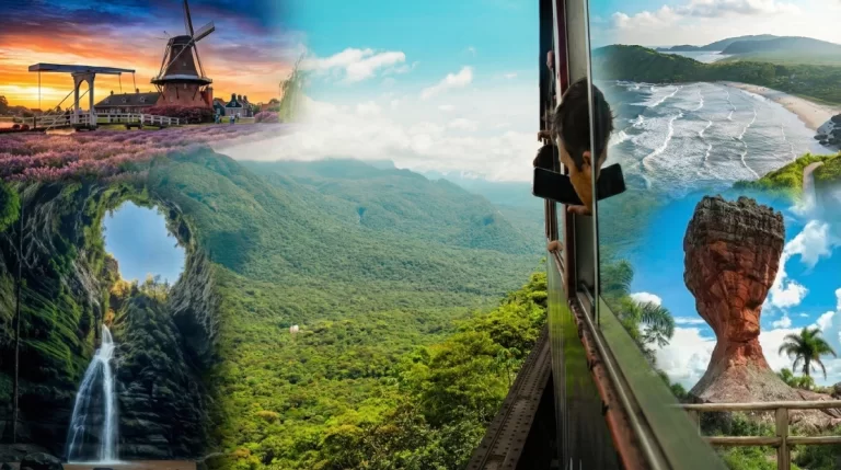 Montagem com os 5 principais destinos turísticos do Paraná: Trem da Serra do Mar, Moinho Holandês, Buraco do Padre, Ilha do Mel e a Taça de Vila Velha.