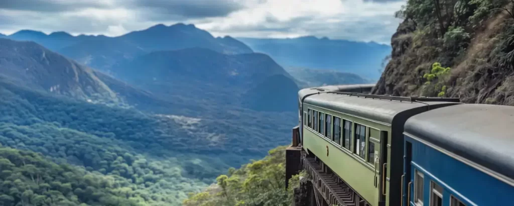 Trem da Serra Verde Express atravessando o Viaduto Carvalho na Serra do Mar durante o passeio de Curitiba a Morretes.