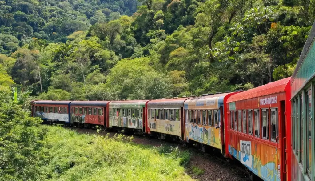 Trem Morretes Rota do Sol percorrendo a ferrovia na Serra do Mar paranaense em meio à Mata Atlântica.