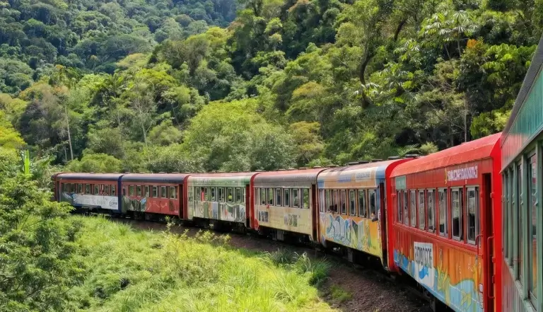 Trem Morretes Rota do Sol percorrendo a ferrovia na Serra do Mar paranaense em meio à Mata Atlântica.